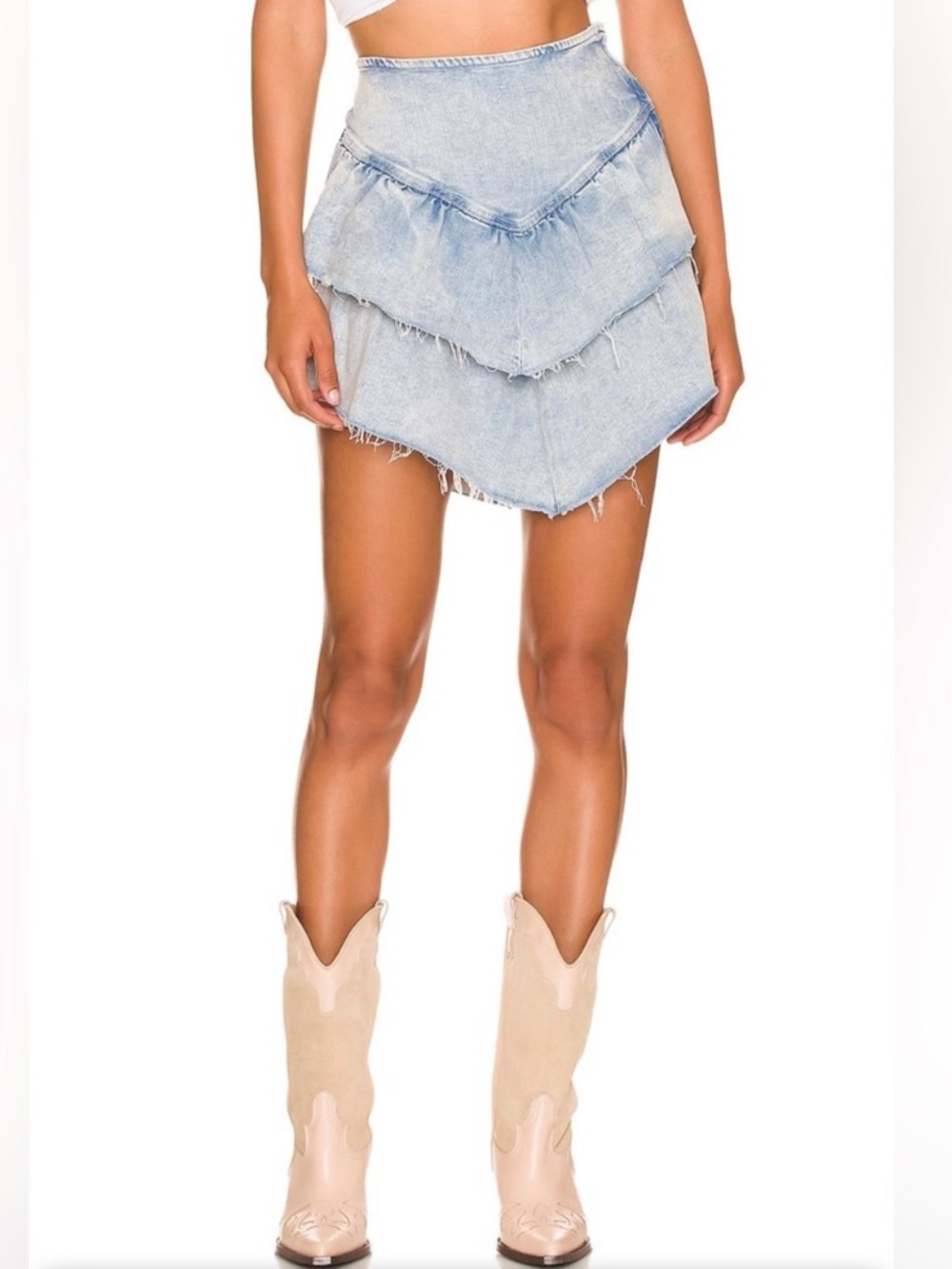 MOTHER The Ruffle Mini Raww Edge Skirt in Action Shot